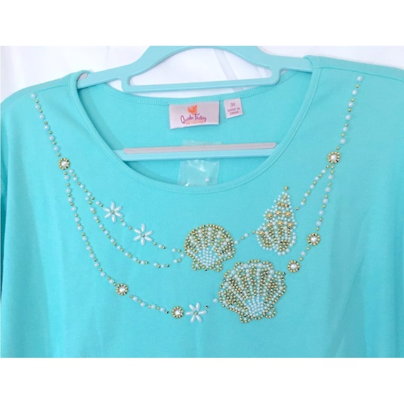 Quacker Factory Womens Top Plus Size 3X Blue Beaded Embellished 3/4 Sleeve - Picture 2 of 6
